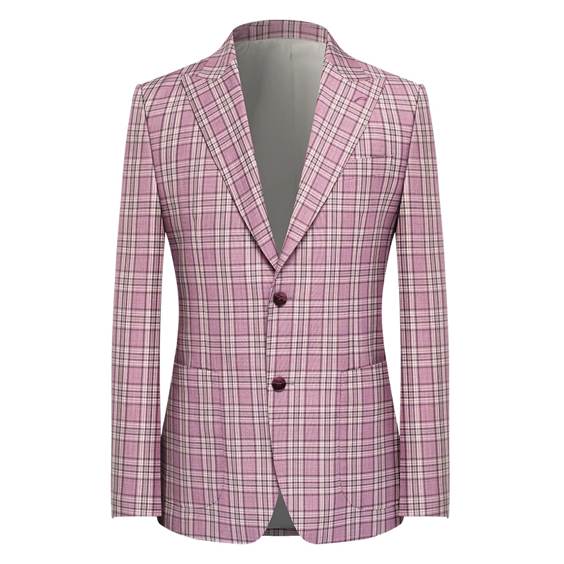 【粉色苏格兰格纹羊毛西服】本派男士半麻衬春季格子修身西装外套*