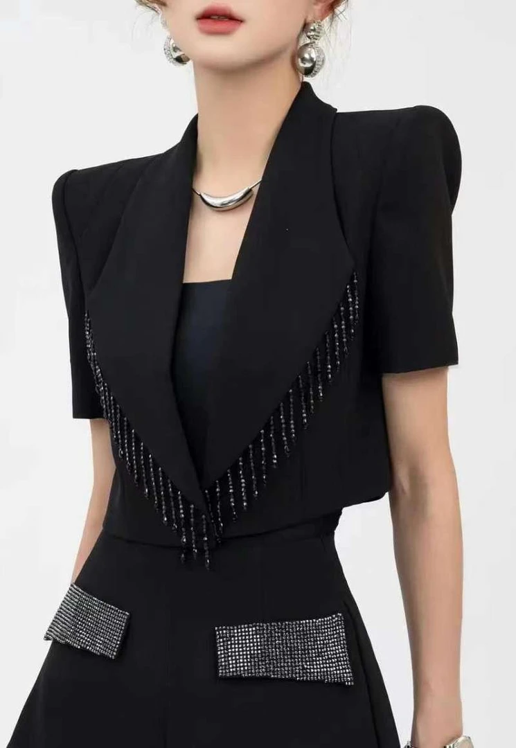 韩思特套装流苏短款小众西服黑色烫钻设计百搭西装气质设计师轻奢