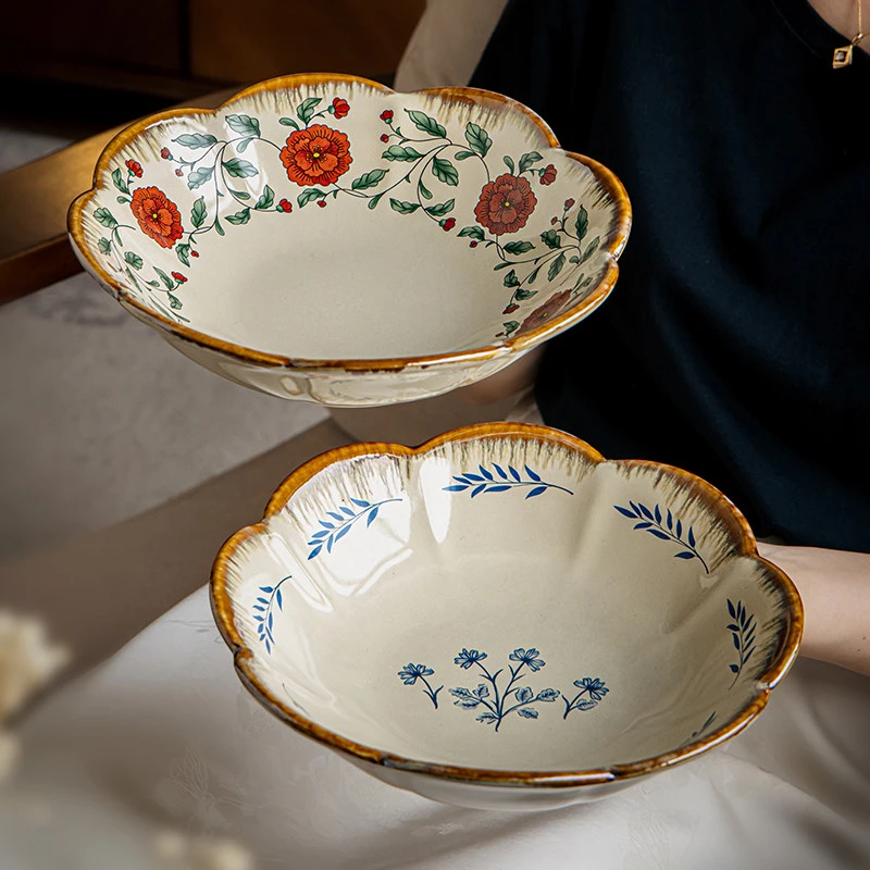 小悠家 漂亮花朵造型中式9英寸陶瓷碗餐厅大号菜碗特色沙拉碗果盆