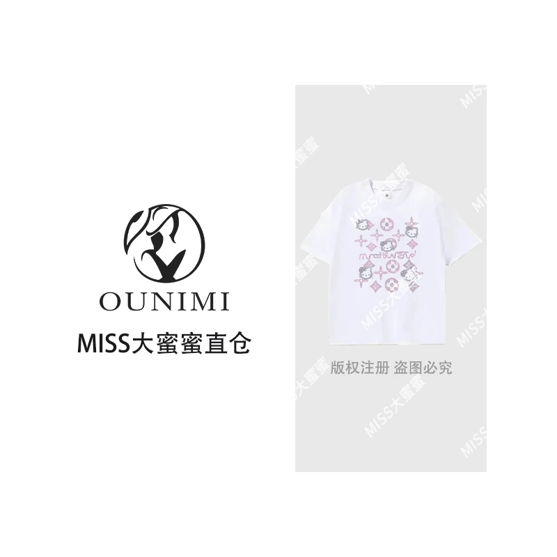 【欧倪蜜OUNIMI]重磅夏季纯棉宽松T恤圆领短袖男女同款-烫钻猫
