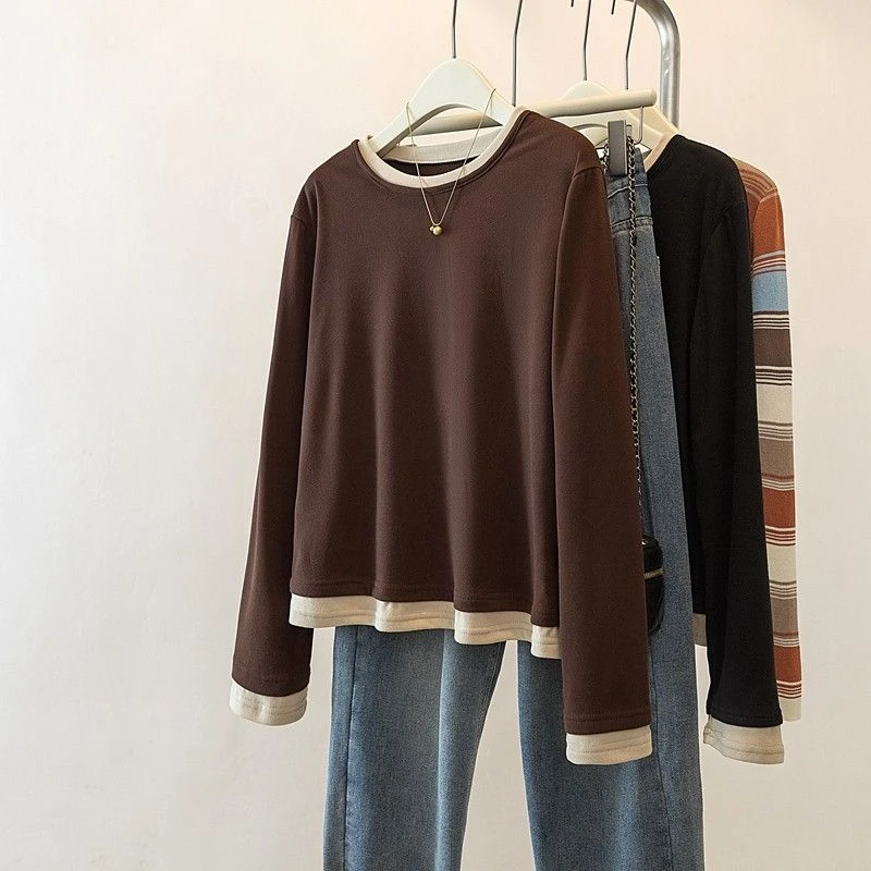 秋季新款假两件拼接长袖T恤百搭上衣服宽松显瘦打底衫潮韩版休闲