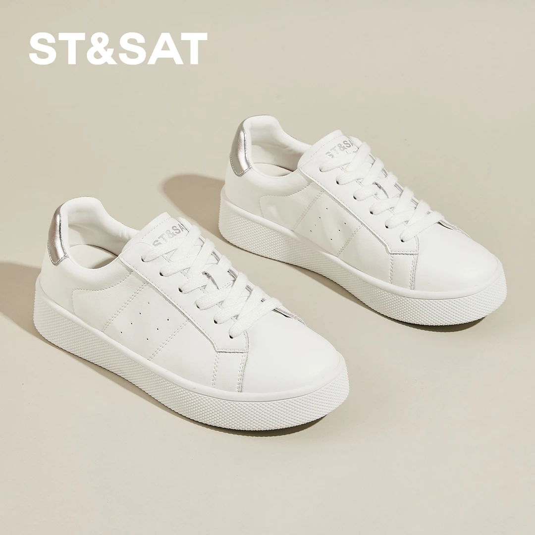 星期六真皮经典小白鞋女夏季增高时尚百搭休闲鞋圆头软底系带板鞋