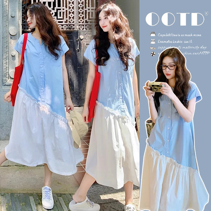 时尚显瘦2025夏季新品撞色短袖连衣裙女宽松遮肚子拼接孕妇装裙子