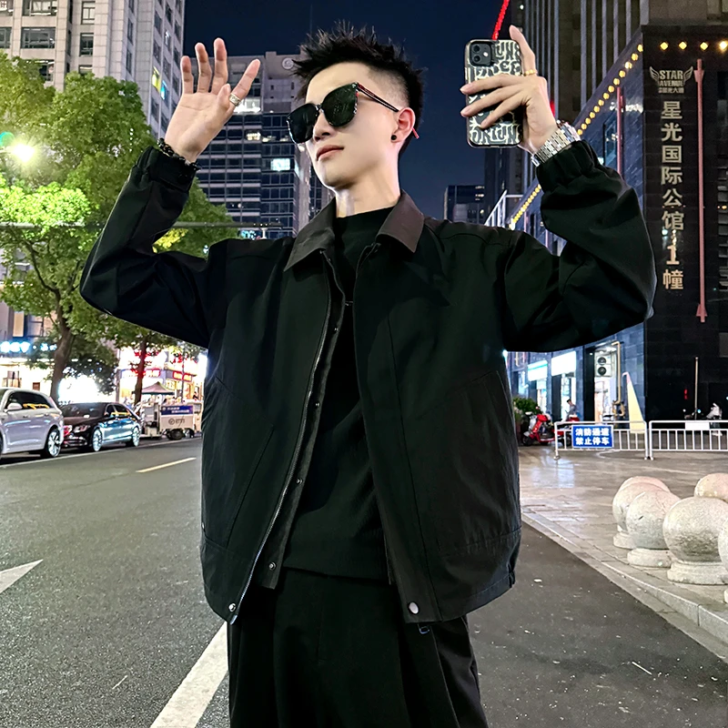 男士外套秋季2025新款翻领假两件时尚潮牌高级感痞帅麂皮绒夹克男