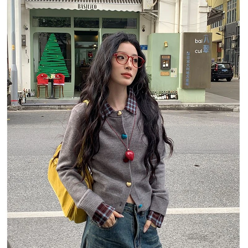 【吵吵小情绪】灰色假两件拼接针织衫设计感42447