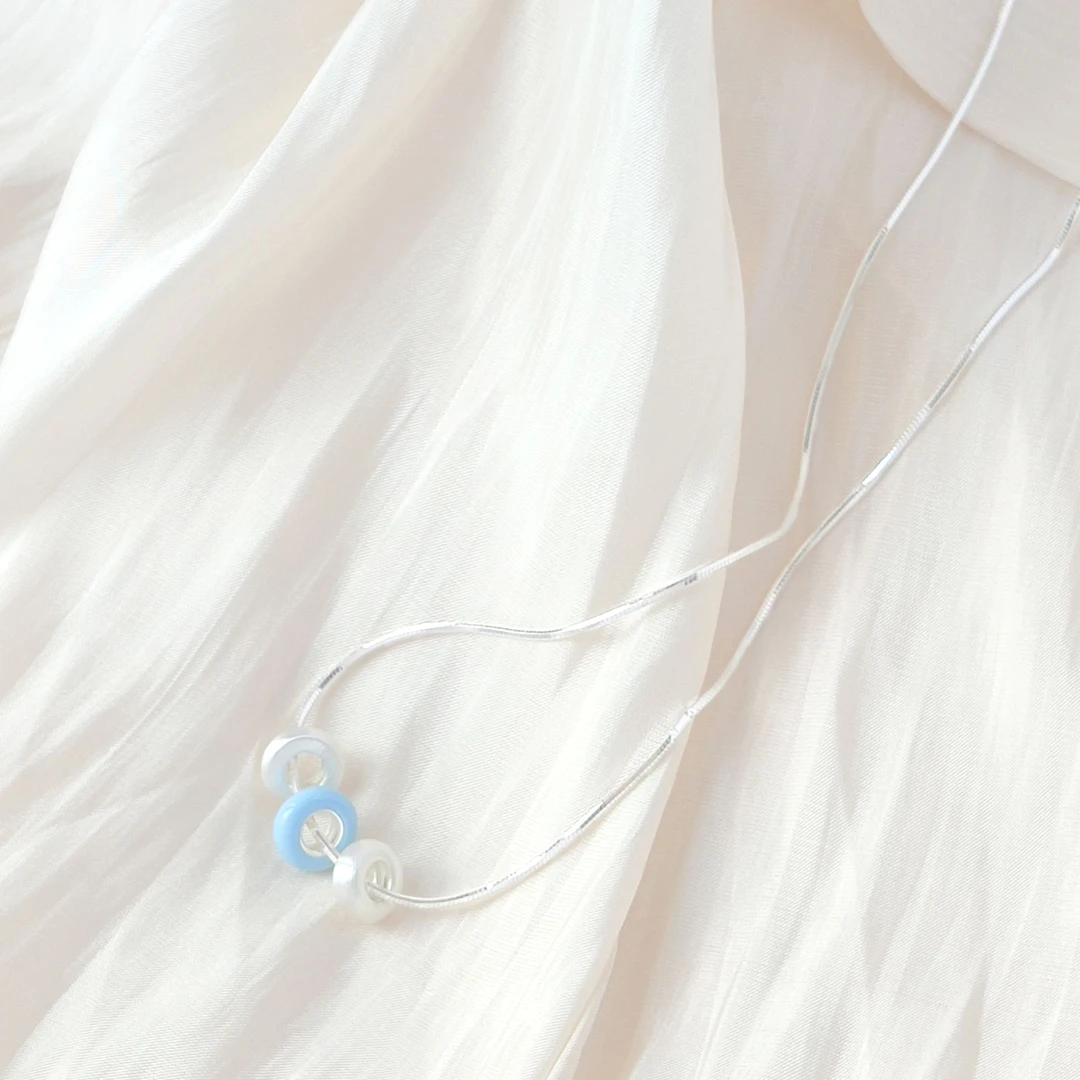 坠链均925银珐琅 蓝串珠吊坠 多佩戴法 拉丝镀银珠简约锁骨链女