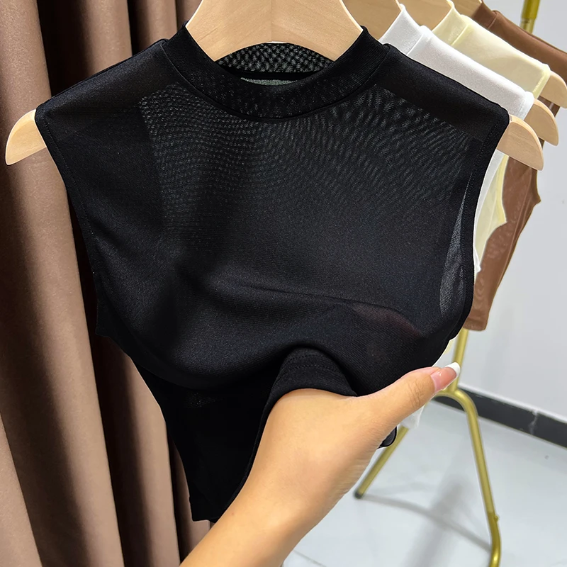 短款蕾丝打底衫修身无袖背心女新款假领子叠穿小坎肩透视网纱上衣