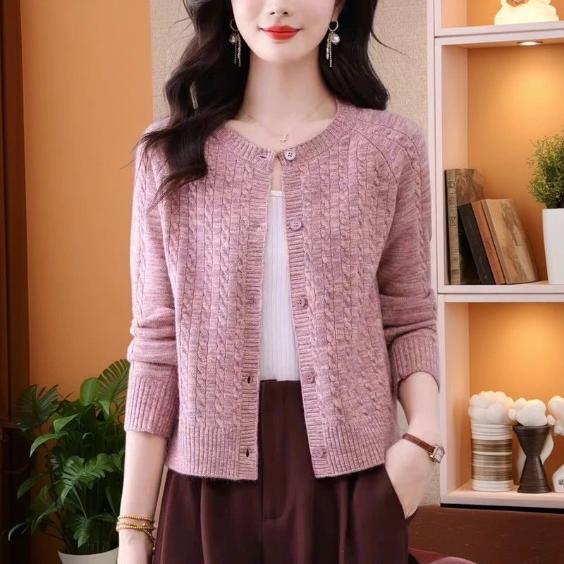 100%纯羊毛秋冬时尚圆领提花羊毛衫短款开衫外套女显瘦毛衣针织衫