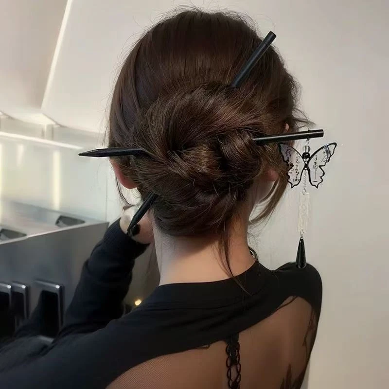 水墨蝴蝶，天然禾木简约气质蝴蝶发簪发钗（001）