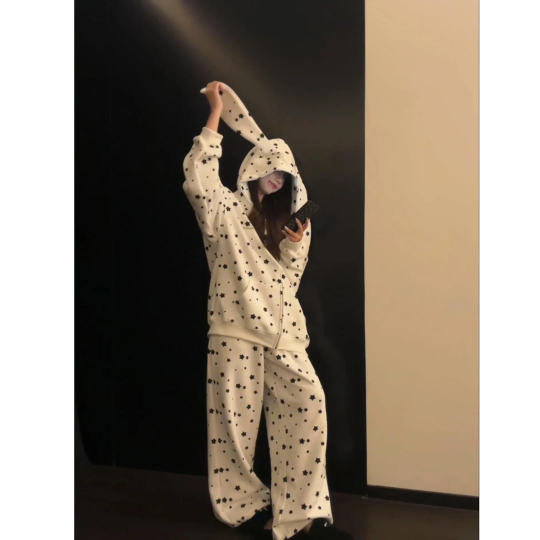 【兔耳朵连帽】星星印花睡衣套装女夏2025大码长袖长裤家居服可外穿