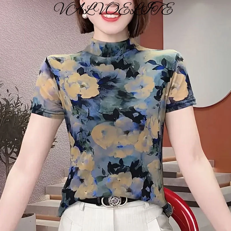 时尚印花短袖T恤女夏季2025新款修身高端网纱打底衫显瘦洋气上衣