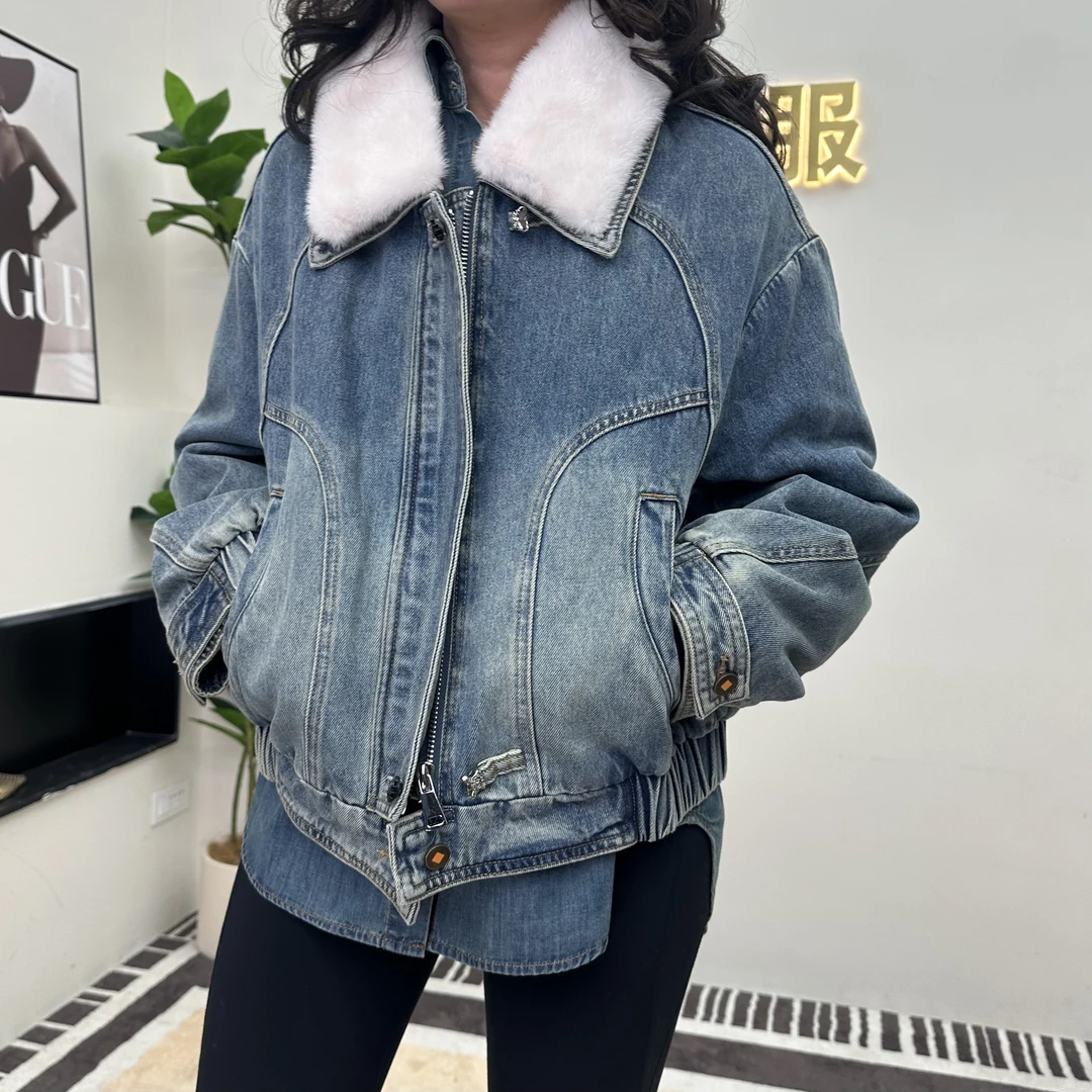 JJ私服 水貂领朋克风牛仔拼接白鹅绒冬季加厚短款女士外套