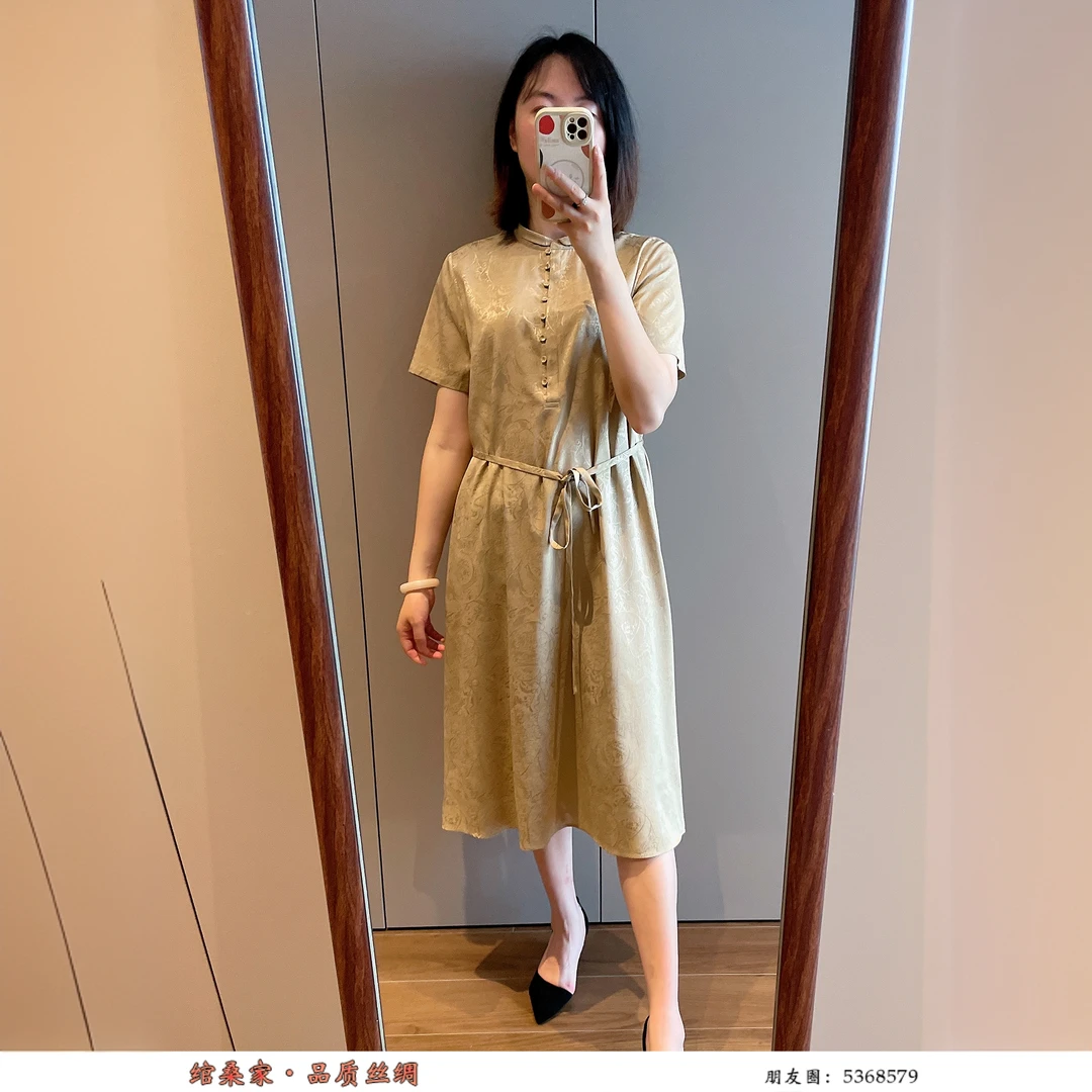 高端重磅真丝花萝连衣裙 女夏季2024简约新中式气质女桑蚕丝裙子