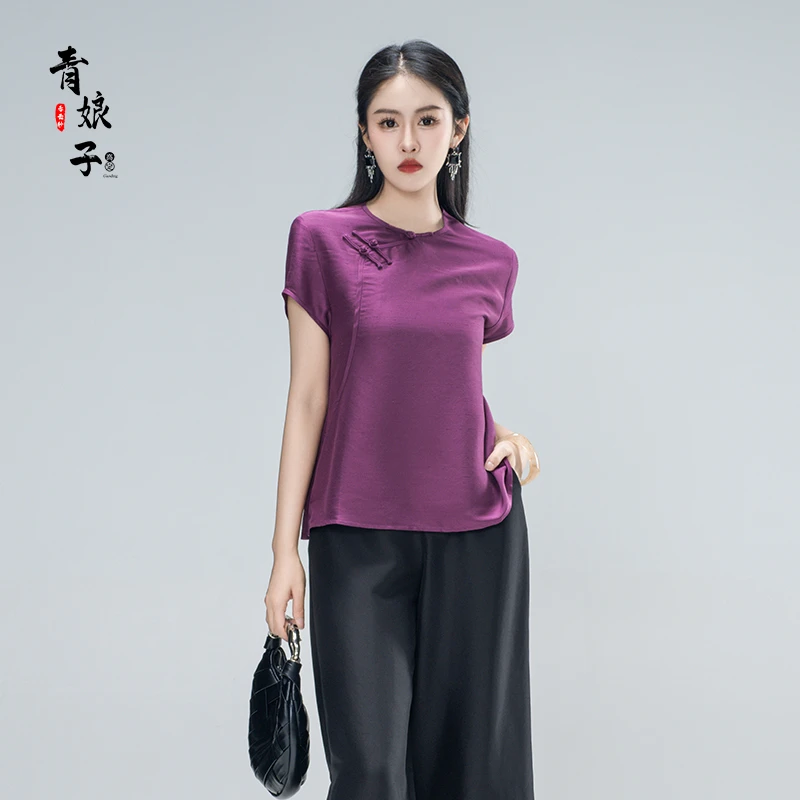 青娘子-双宫丝（紫棠）新中式国风圆领斜襟宽松时尚女装短上衣61122