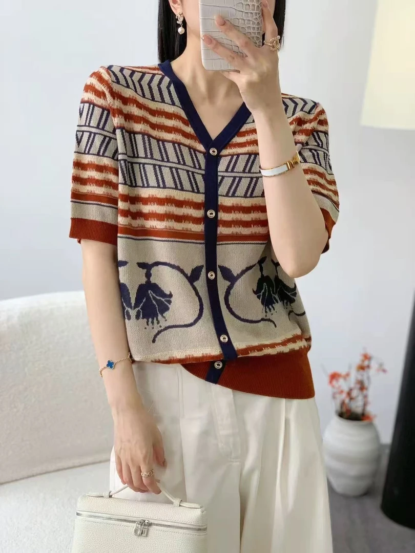 297【太空漫步  V领短袖】高级气质针织女衫