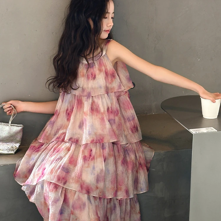 儿童夏装女童沙滩裙6-12岁潮款高级感中大童挂脖连衣裙长款蛋糕裙