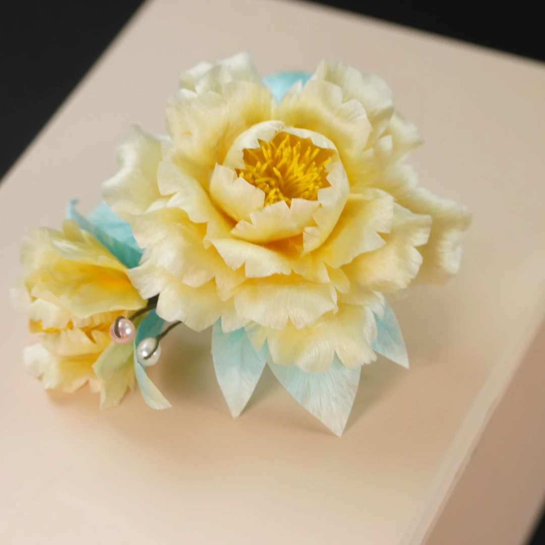 鹅黄芍药边夹非遗绒花南京绒花日常旗袍配饰古风插梳手工簪发