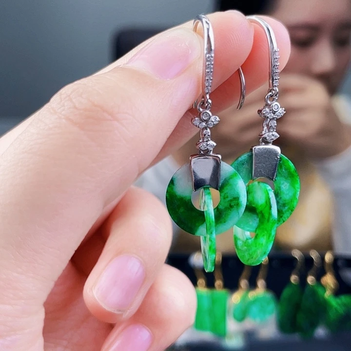 翡翠耳饰银S925镶嵌饰品