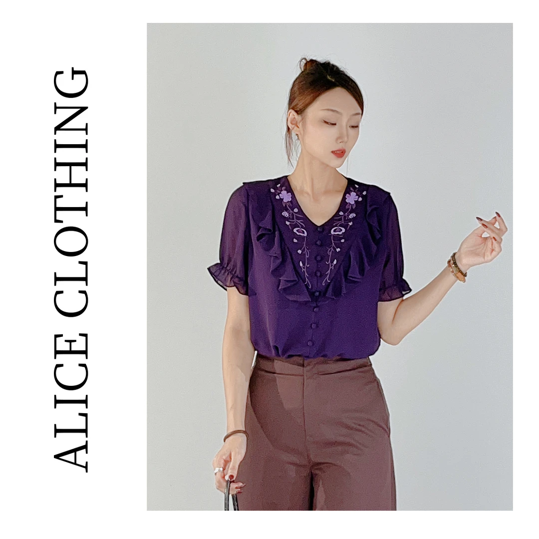 1 ALICE “情动深紫”衬衫 花边刺绣 轻柔百搭 S1033706G