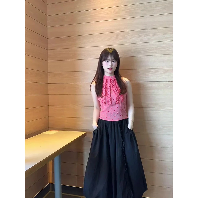 纯欲风时尚套装女夏季波点木耳边拼接挂脖上衣宽松a半身裙两件套