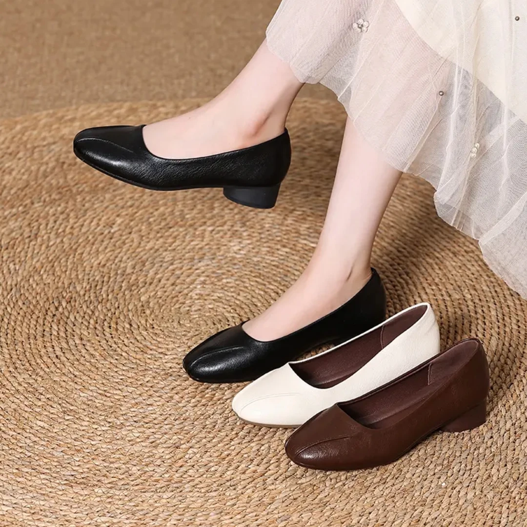 2025新品粗跟舒适浅口单鞋春秋褶皱纳帕纹软底百搭妈妈鞋低跟