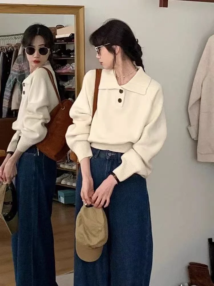 2025早春韩系克莱因蓝色针织衫女百搭polo领毛衣新款高腰短款上衣