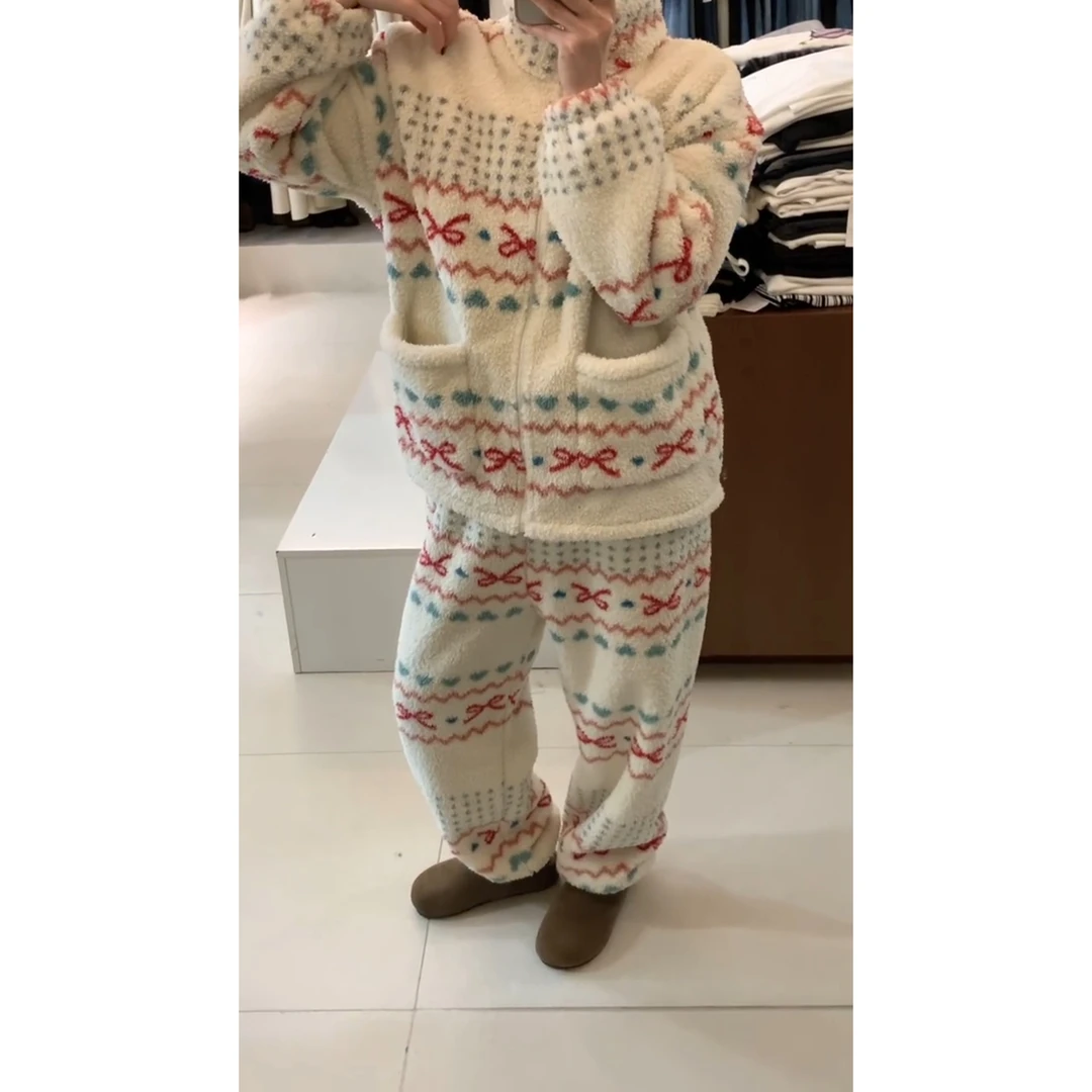 韩版珊瑚绒睡衣女秋冬加厚毛绒绒开衫立领外套休闲保暖家居服套装