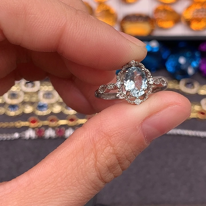 海蓝宝石银S925镶嵌戒指