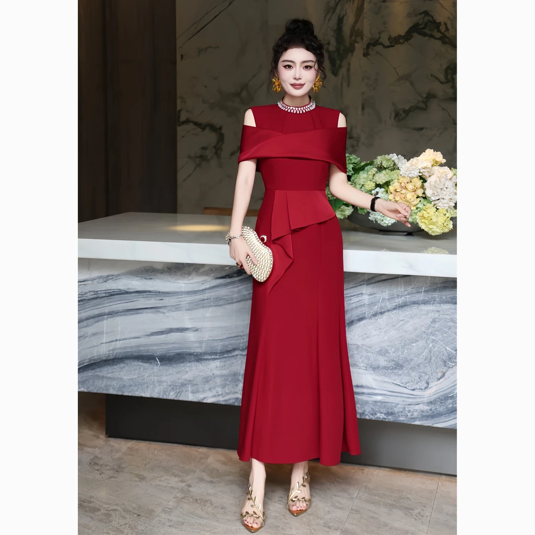 ZEROYK高端轻奢名媛气质礼服裙高级感领口烫钻木耳边修身显瘦长裙