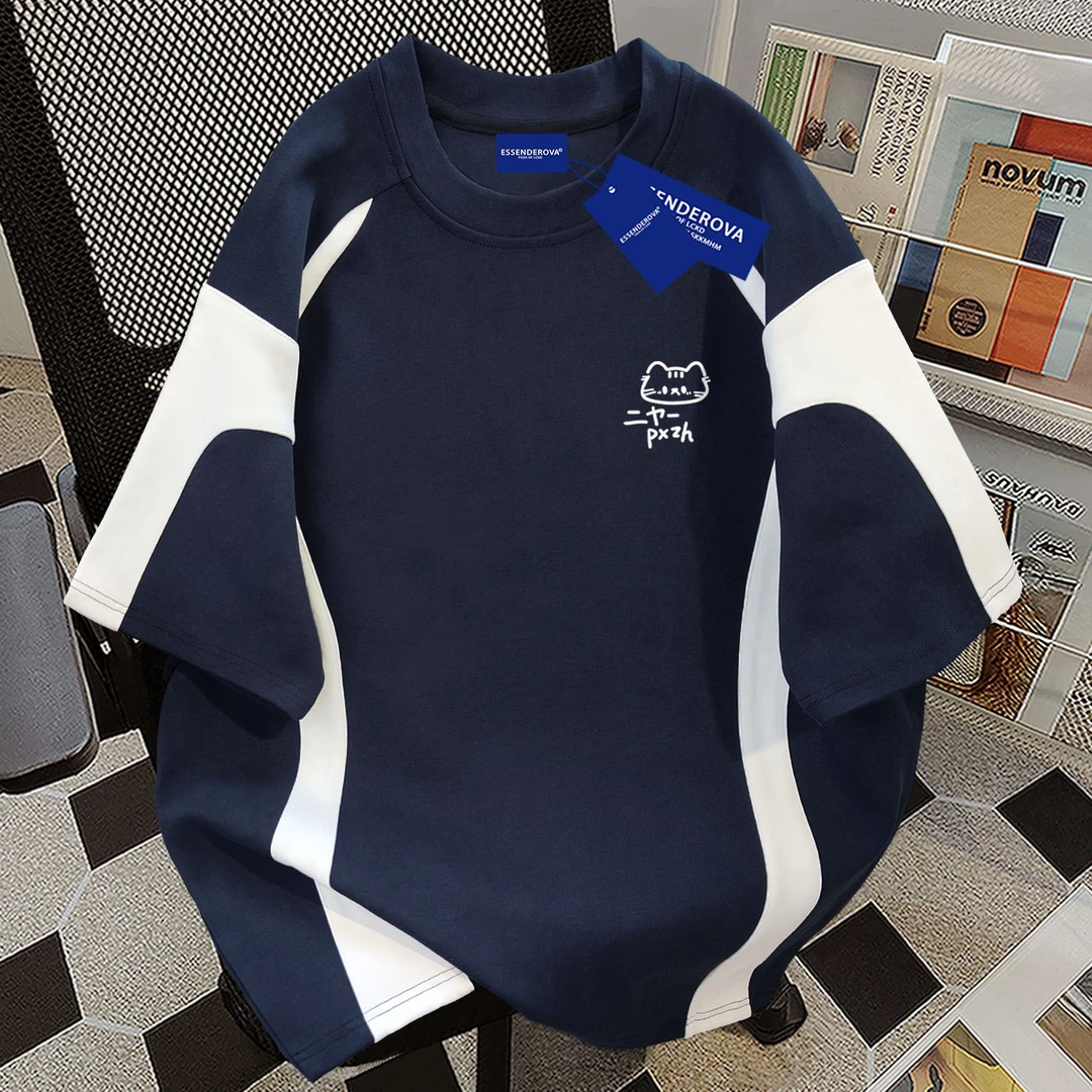 100%纯棉极简潮牌甜酷短袖t恤男女夏季宽松设计百搭情侣拼接上衣