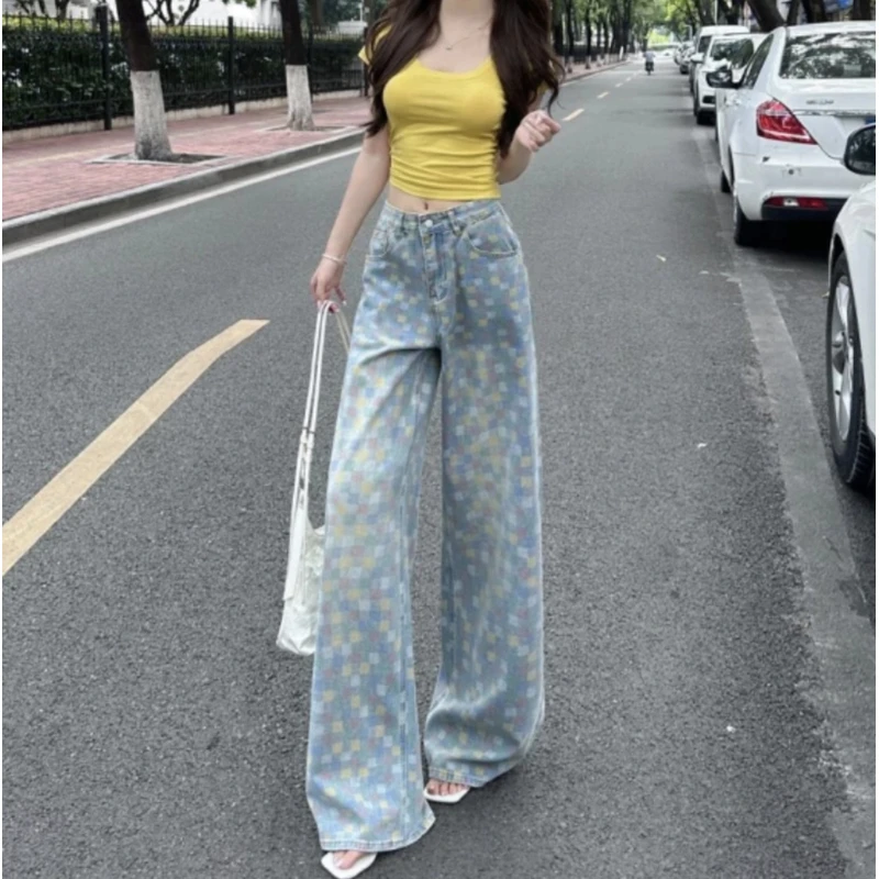 驴家夏季薄款彩色棋盘格牛仔裤喇叭裤宽松提花--2530