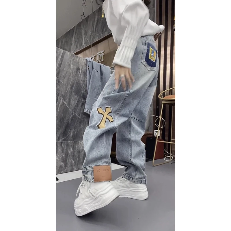 2025春季新款爆款洋气工装裤女高腰显瘦阔腿牛仔裤宽松潮流弯刀裤