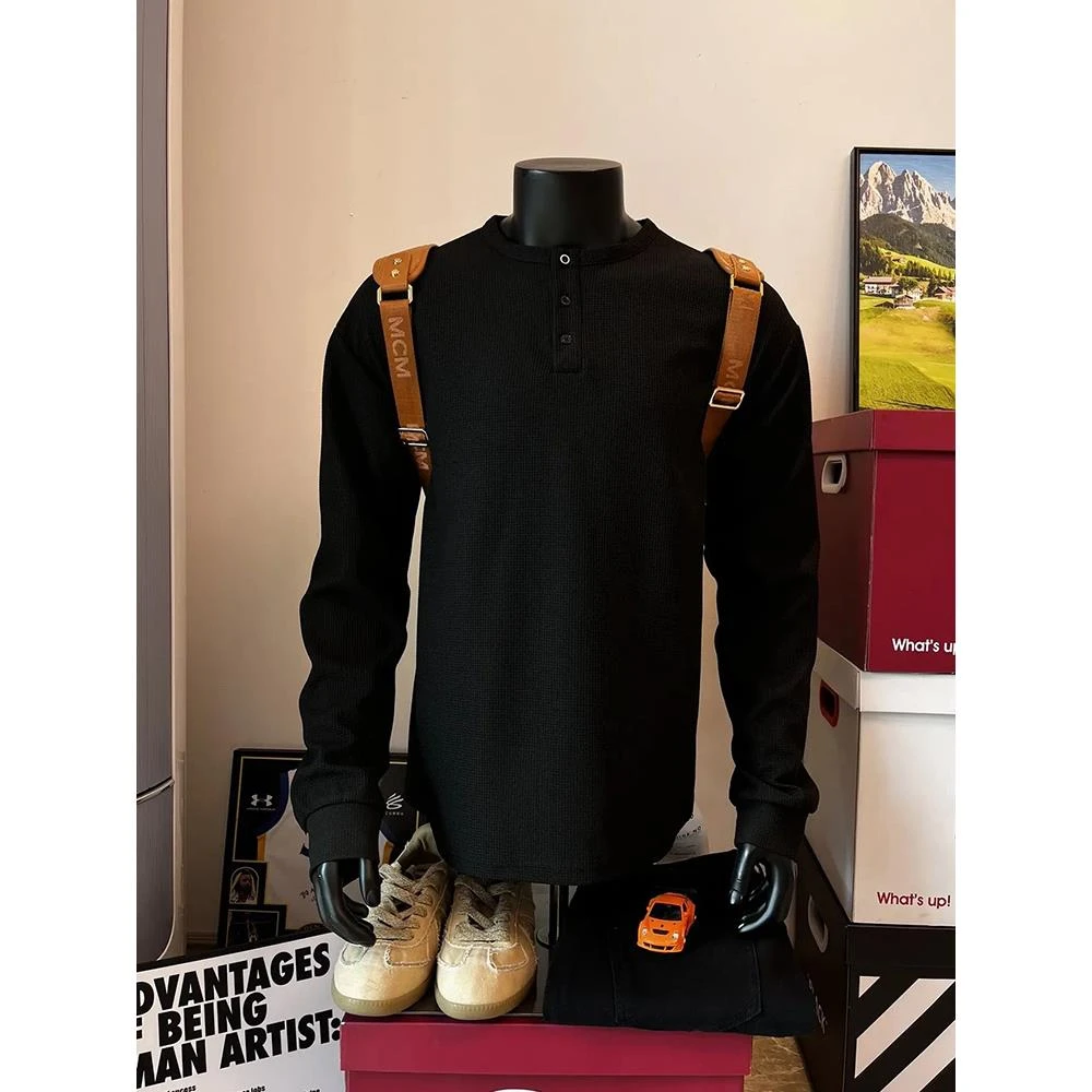 亨利领华夫格长袖t恤男春秋美式正肩polo卫衣重磅黑色内搭打底衫