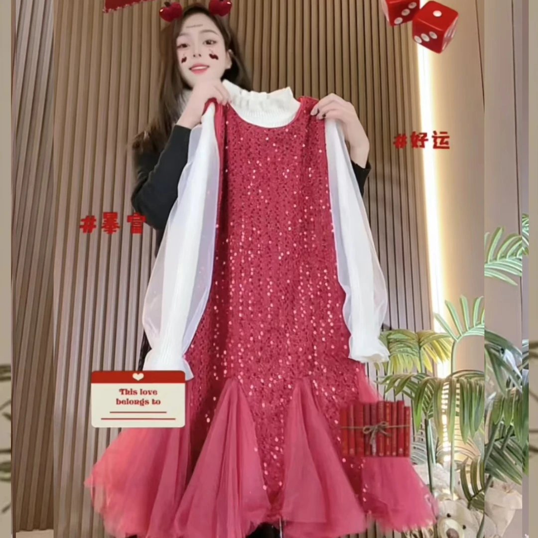 【亲子 拜年服】加厚红色亮片纱裙拼接连衣裙套装