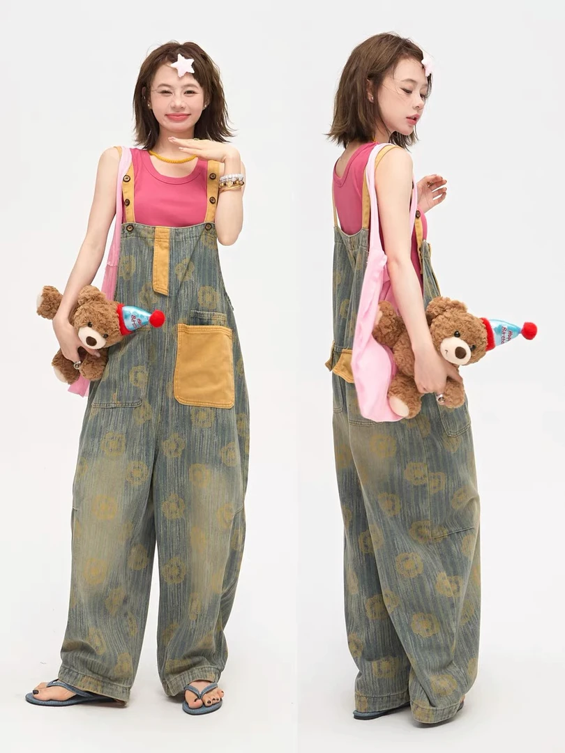 拼色个性印黄色花牛仔背带裤女2025春夏宽松休闲水洗磨白哈伦裤