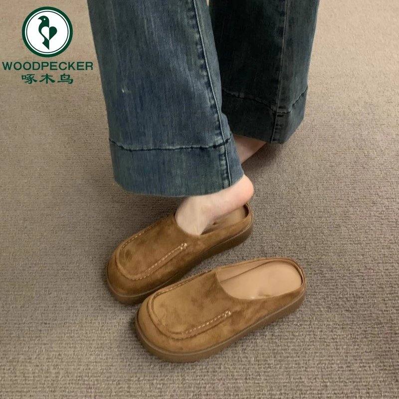 啄木鸟勃肯鞋女2025新款春季包头拖鞋一脚蹬豆豆鞋复古博肯半拖鞋