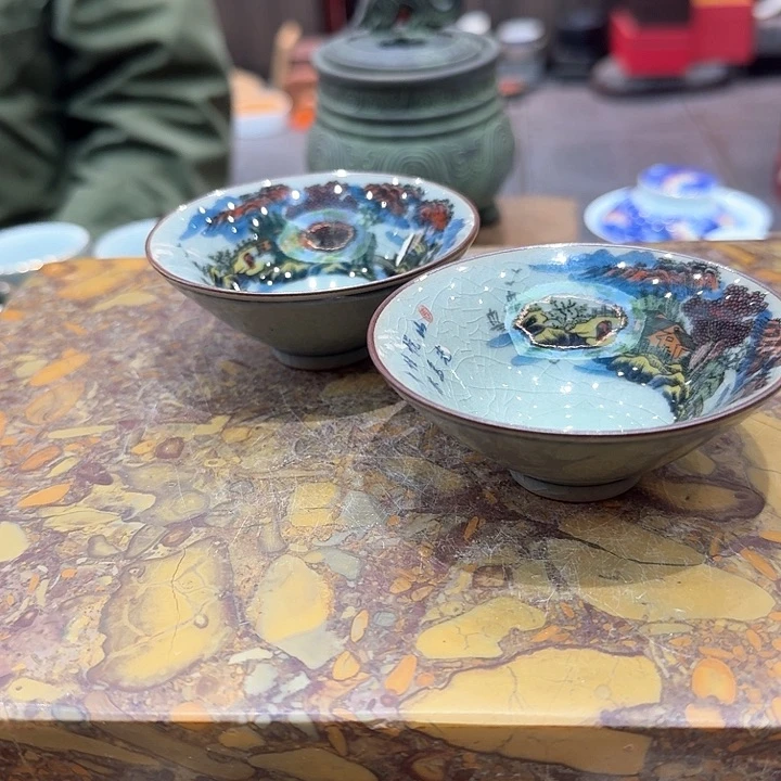 青花杯一组。。。品茗瓷