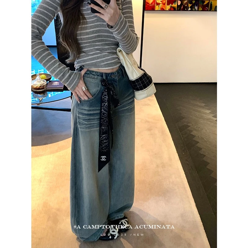 LUU桃喜儿/水洗做旧纯棉弯刀牛仔裤女秋冬宽松阔腿休闲设计感裤子