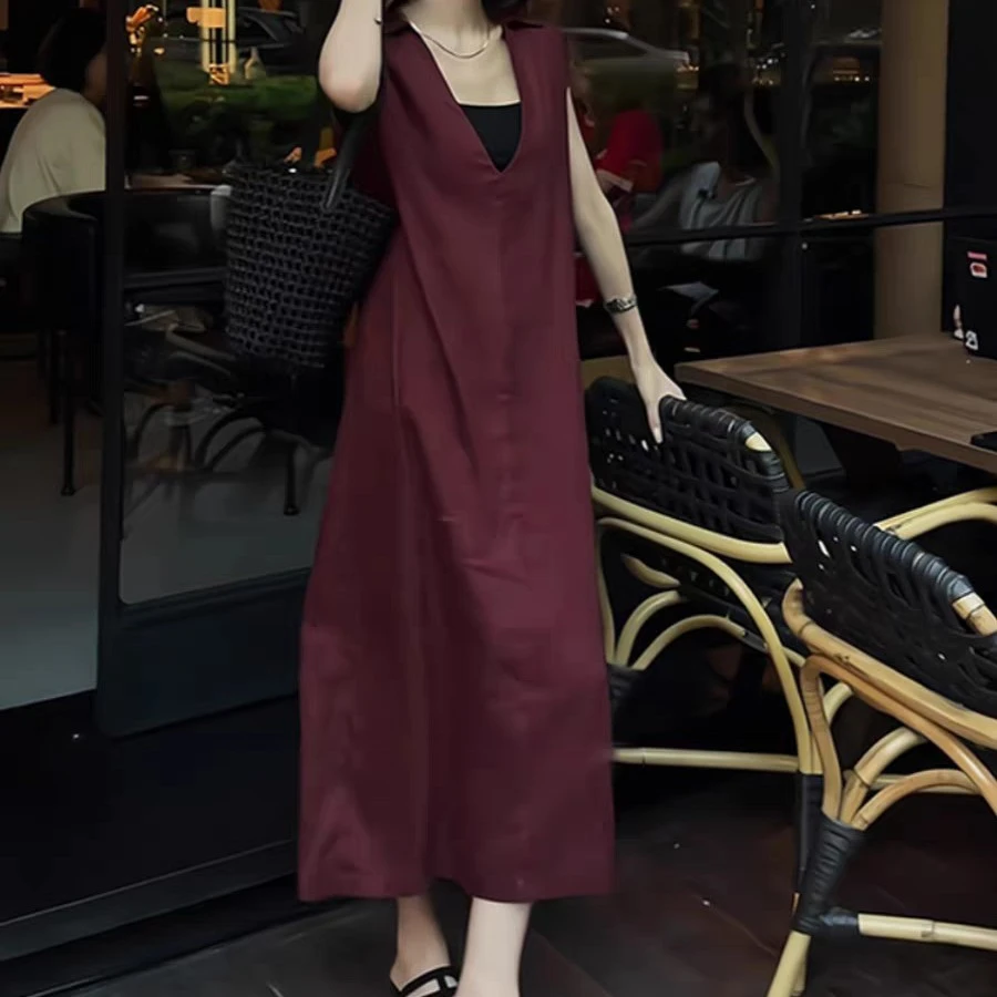 复古V领设计感短袖洋气简约宽松显瘦中长裙