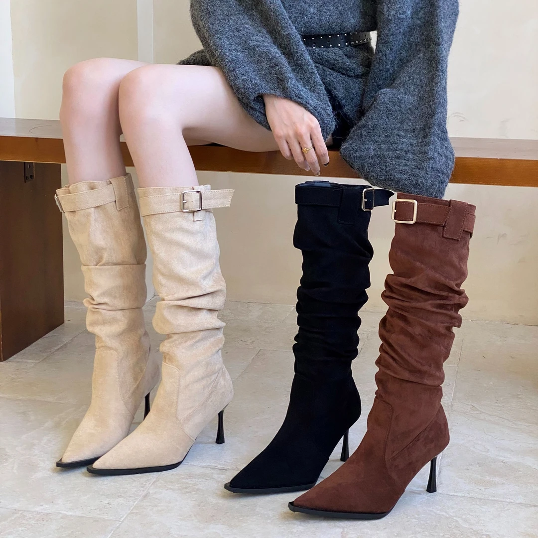 AM-622-96大筒围女靴时髦尖头细跟高筒靴子瘦瘦靴高跟不过膝长靴