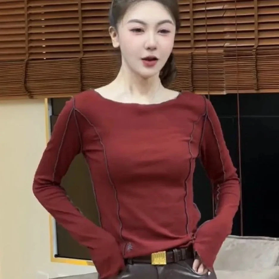 韩系气质名媛风圆领明线装饰长袖T恤女秋季新款修身显瘦洋气上衣