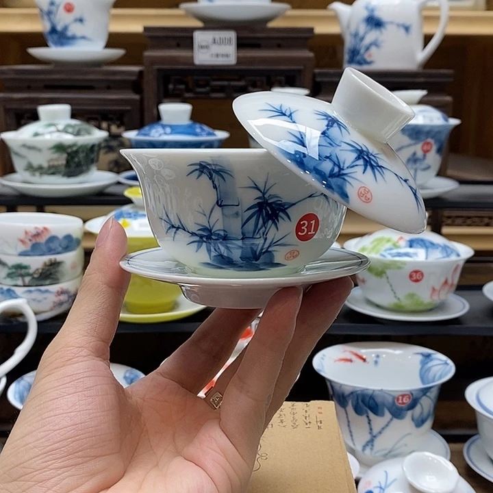 手绘竹子盖碗悬停150cc釉下彩微瑕福利款