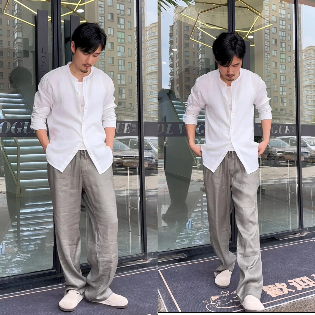 柜货！意式高奢汉麻男士夏季薄款亚麻裤时尚高级舒适直筒休闲裤