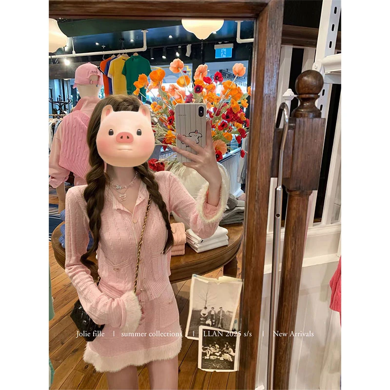 【25B蓝花楹】韩系甜美少女时尚高级感针织上衣女配显瘦半身裙套装