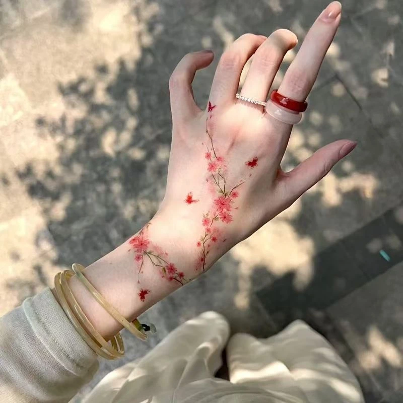 新中式桃花蝴蝶彩色纹身贴高颜值纯欲风防水女持久手腕唯美可水洗