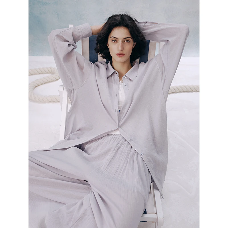 UMILAB【郭碧婷同款】【仲夏】纯棉肌理褶皱衬衫/松紧腰长裤E223W