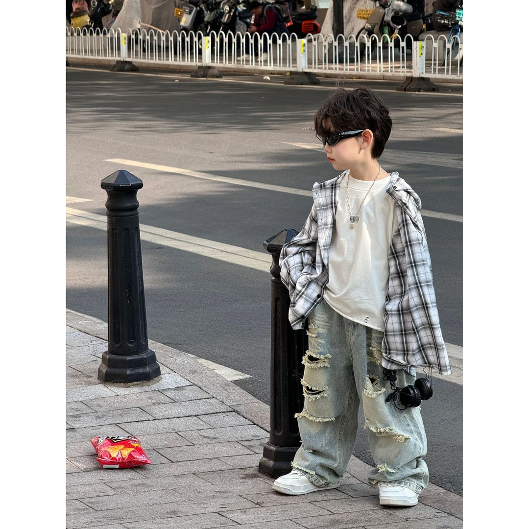 男童连帽格子长袖衬衫2025春秋季中小童开衫薄款外套宽松休闲上衣