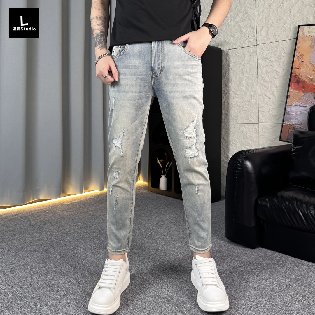 夏季薄款牛仔裤男修身百搭潮流破洞小脚裤时尚韩版九分牛仔裤男款