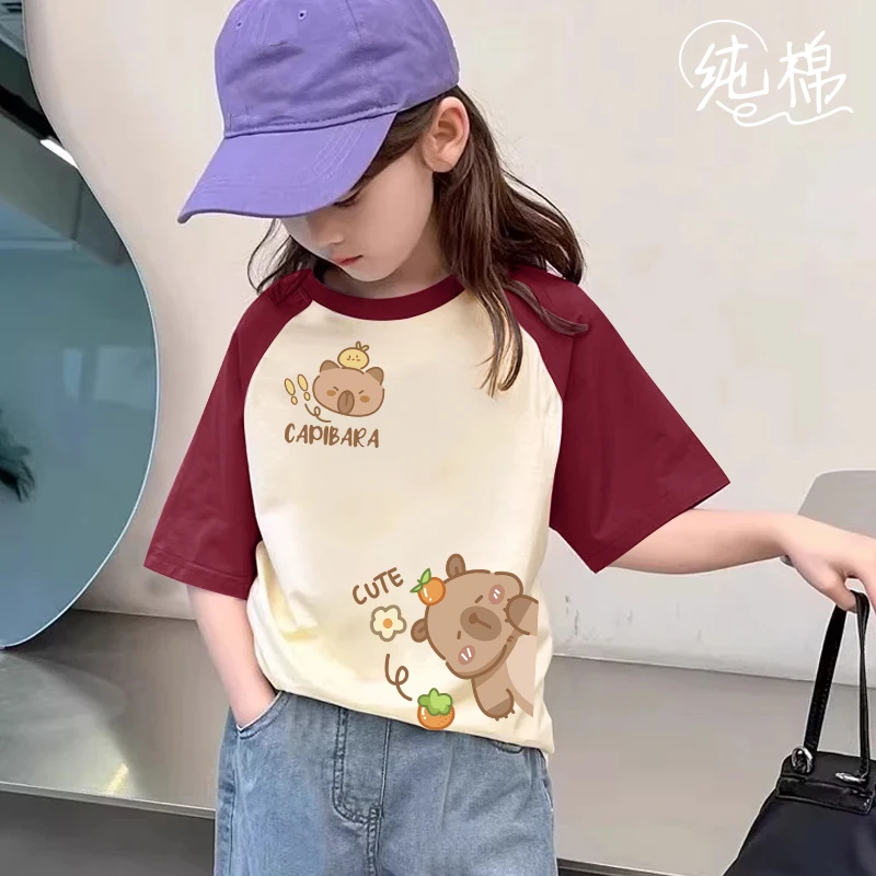 中大男女童2025新款纯棉夏季插肩短袖拼色印花洋气短袖儿童T恤