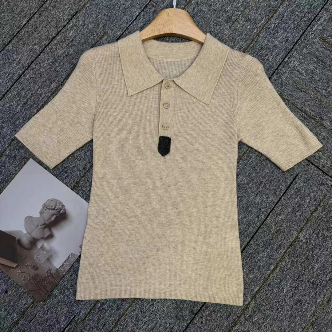 深圳南油白桃美美 Polo领短袖T恤针织衫女夏季简约纽扣上衣F1017